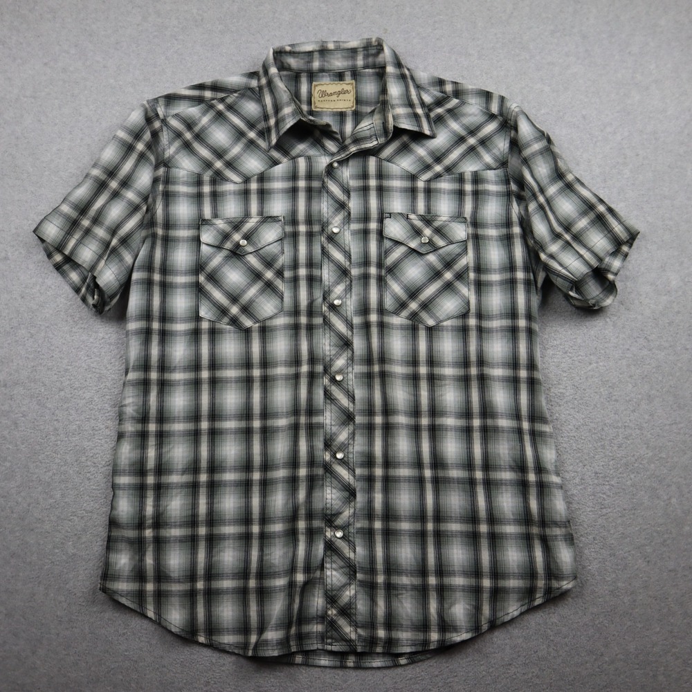 Wrangler Western Shirt Mens XL Grey Plaid Pearl Snap Short Sleeve Ranchwear